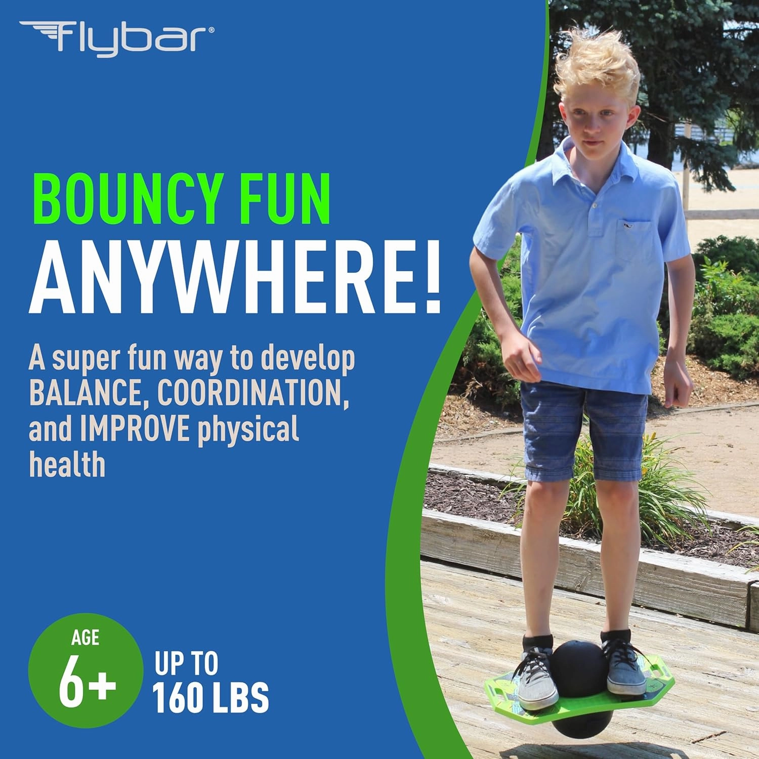 Flybar Pogo Trick Ball for Kids, Bounce Board for Boys and Girls Ages 6 , Up to 160 lbs, Includes Pump, Easy to Carry Handle, Durable Plastic Deck Indoor, Outdoor Toy Pogo Jumper,