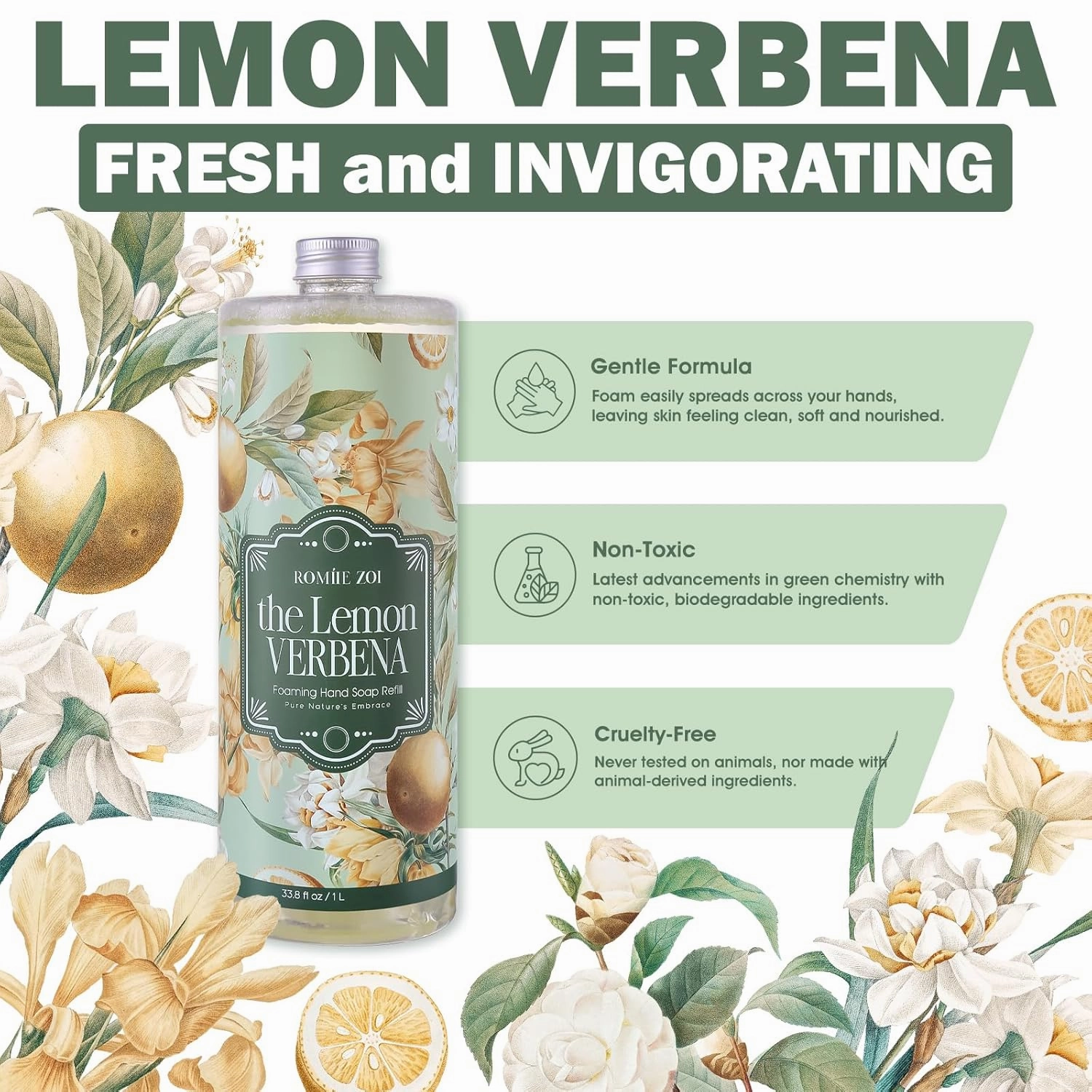 Foaming Hand Soap Refill Gift Set-3 Pack with Dispenser, Cruelty-Free and Biodegradable Formula, Moisturizing with Essential Oil for Sensitive Skin,Wild Lemon Verbena Scent,(33.8 Fl Oz x 3)