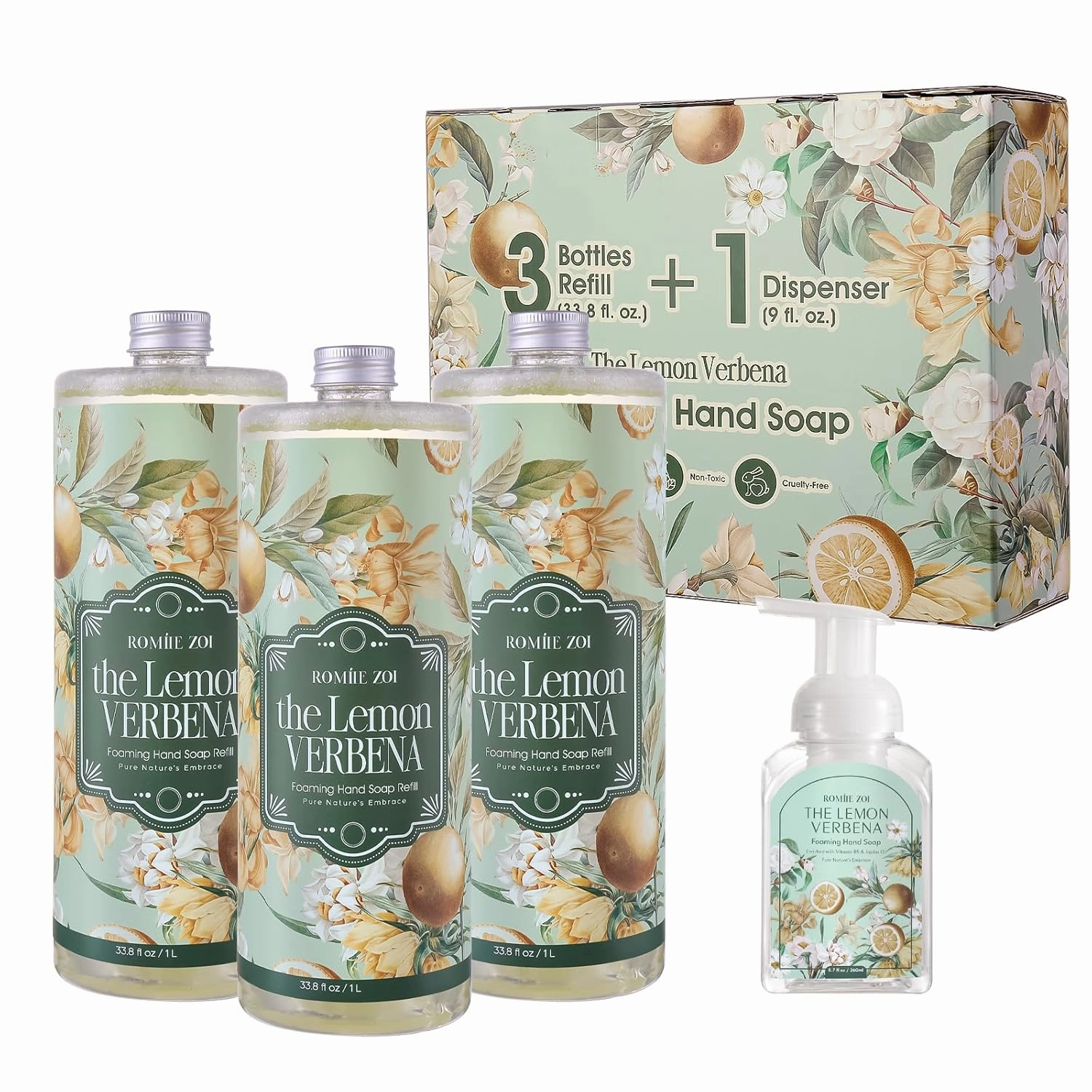 Foaming Hand Soap Refill Gift Set-3 Pack with Dispenser, Cruelty-Free and Biodegradable Formula, Moisturizing with Essential Oil for Sensitive Skin,Wild Lemon Verbena Scent,(33.8 Fl Oz x 3)