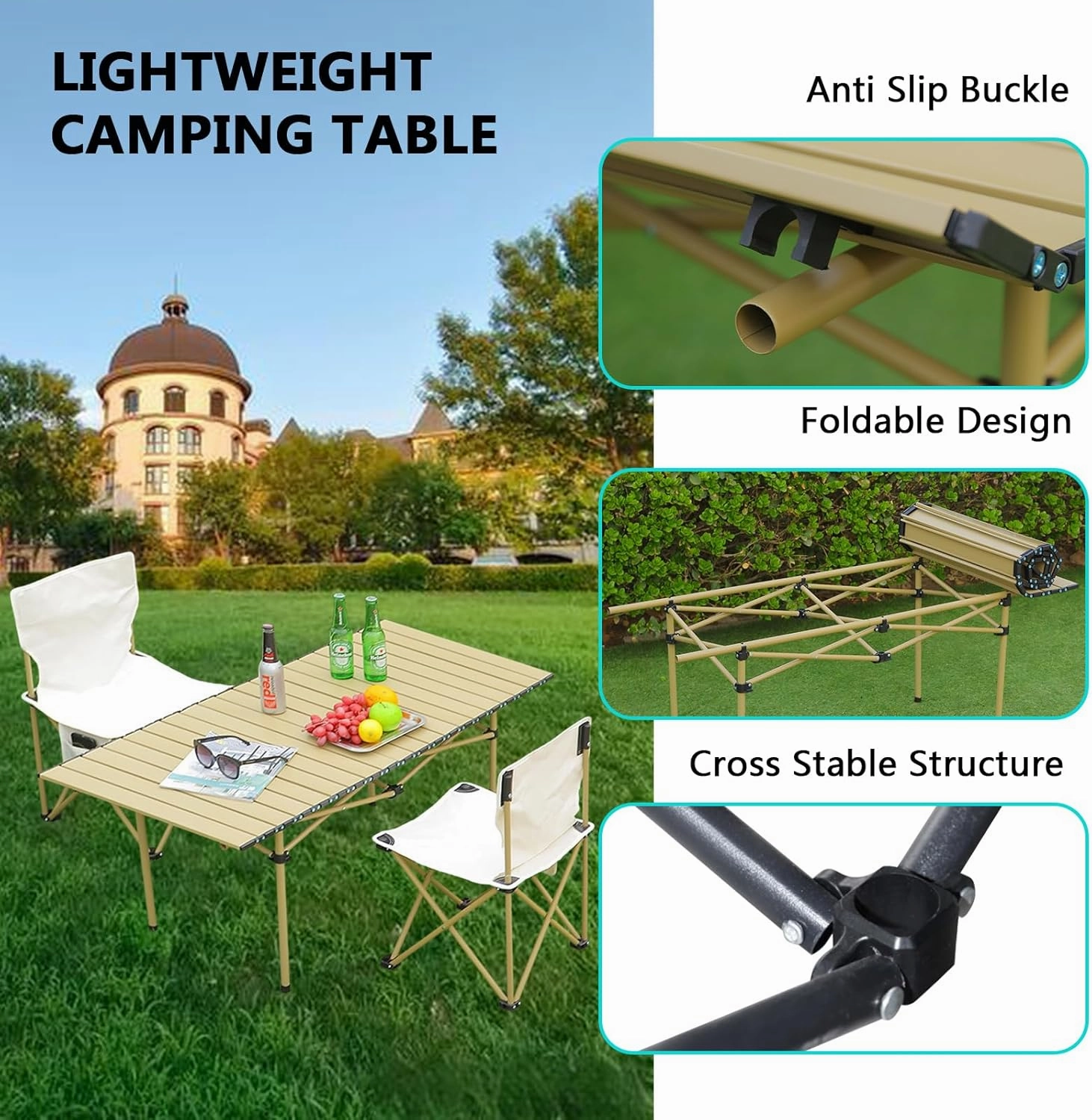 Folding Camping Table, Portable Picnic Table with Carry Bag, Lightweight Aluminum Roll-Up Design for Camping, Backpacking, Beach, BBQ, and Outdoor Parties Light Yellow 95×55×50cm/37×21×19.7in