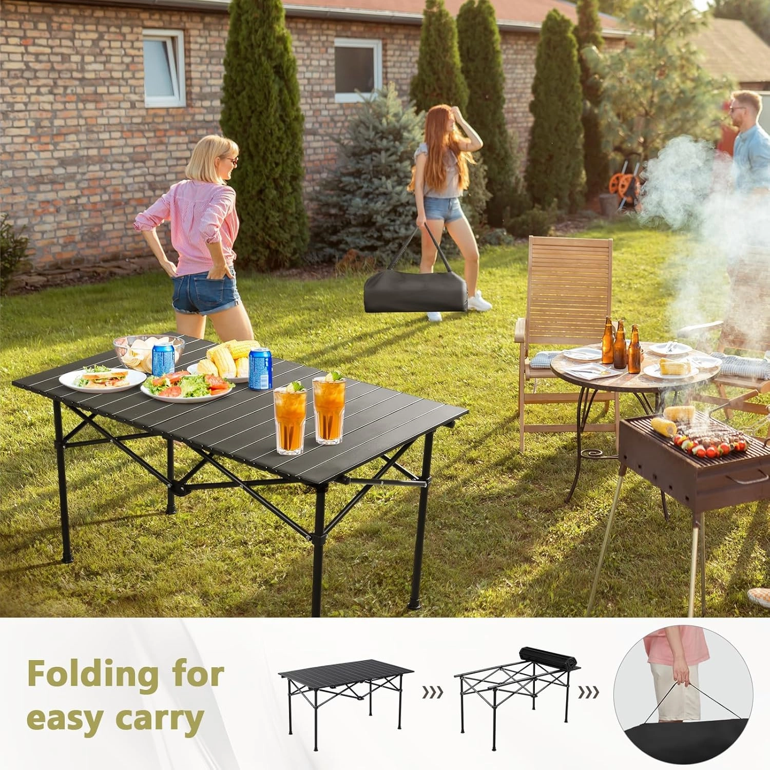 Folding Camping Table, Portable Picnic Table with Carry Bag, Lightweight Aluminum Roll-Up Design for Camping, Backpacking, Beach, BBQ, and Outdoor Parties Light Yellow 95×55×50cm/37×21×19.7in
