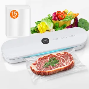 Food Vacuum Sealer Machine, CEROBEAR One-Touch Automatic Food Saver for Dry & Moist Foods with Sealer Bags, Compact Vacuum Sealer for Food Freezer, Sous Vide, Meat, Vegetables, White