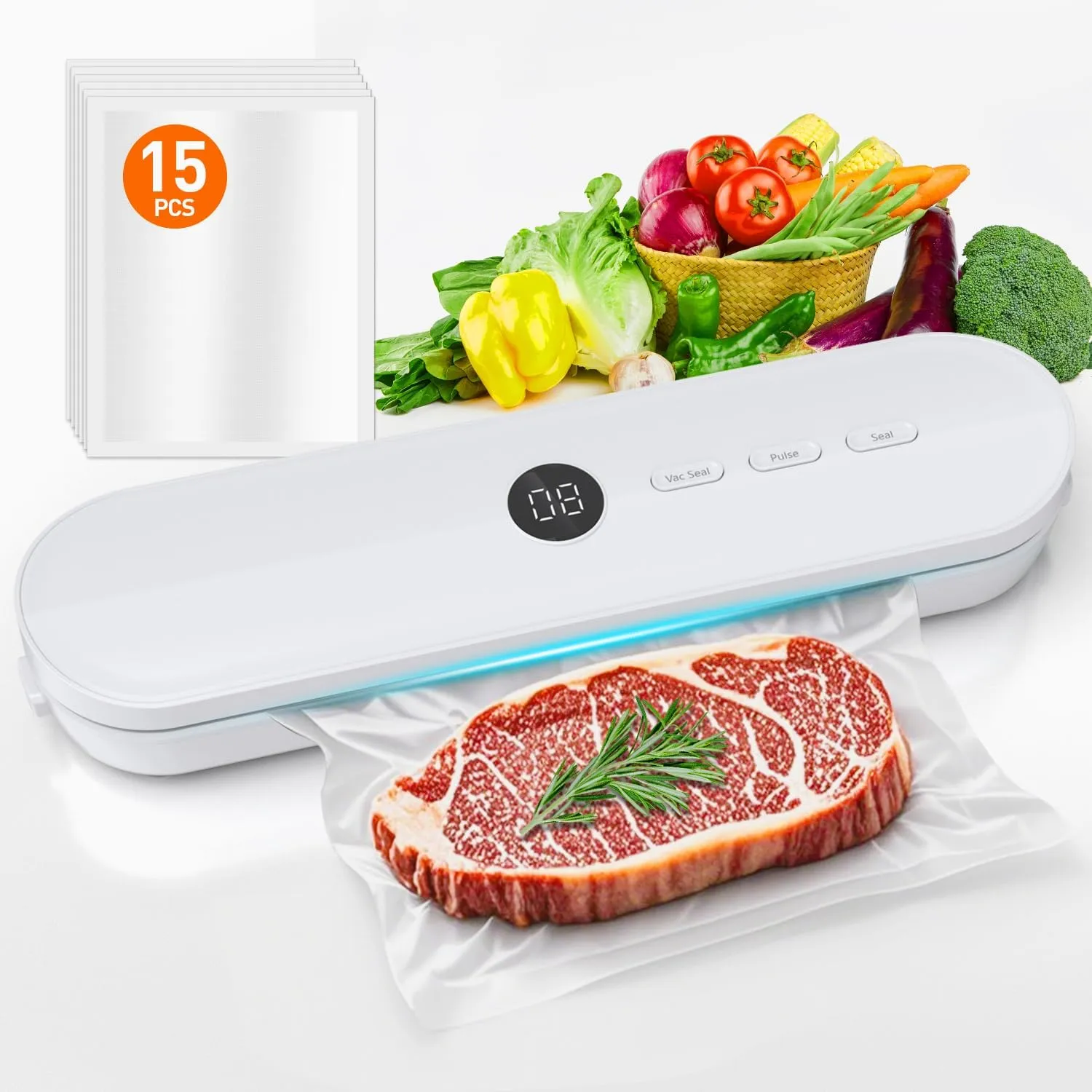 Food Vacuum Sealer Machine, CEROBEAR One-Touch Automatic Food Saver for Dry & Moist Foods with Sealer Bags, Compact Vacuum Sealer for Food Freezer, Sous Vide, Meat, Vegetables, White