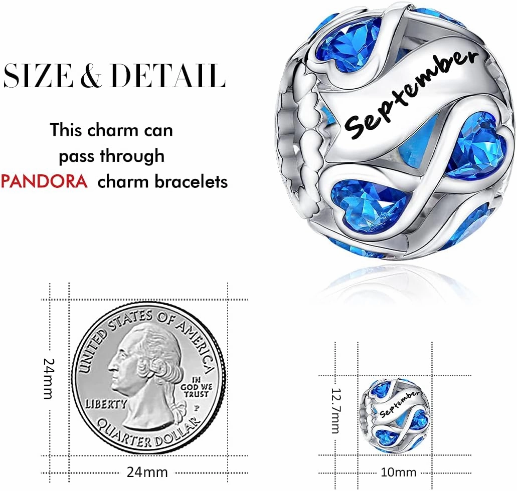FOREVER QUEEN Birthstone Charms 925 Sterling Silver Infinite Love Heart Openwork Bead for Charm Bracelets and Necklaces with 5A Cubic Zirconia, Birthday Jewelry Gifts Women Girls