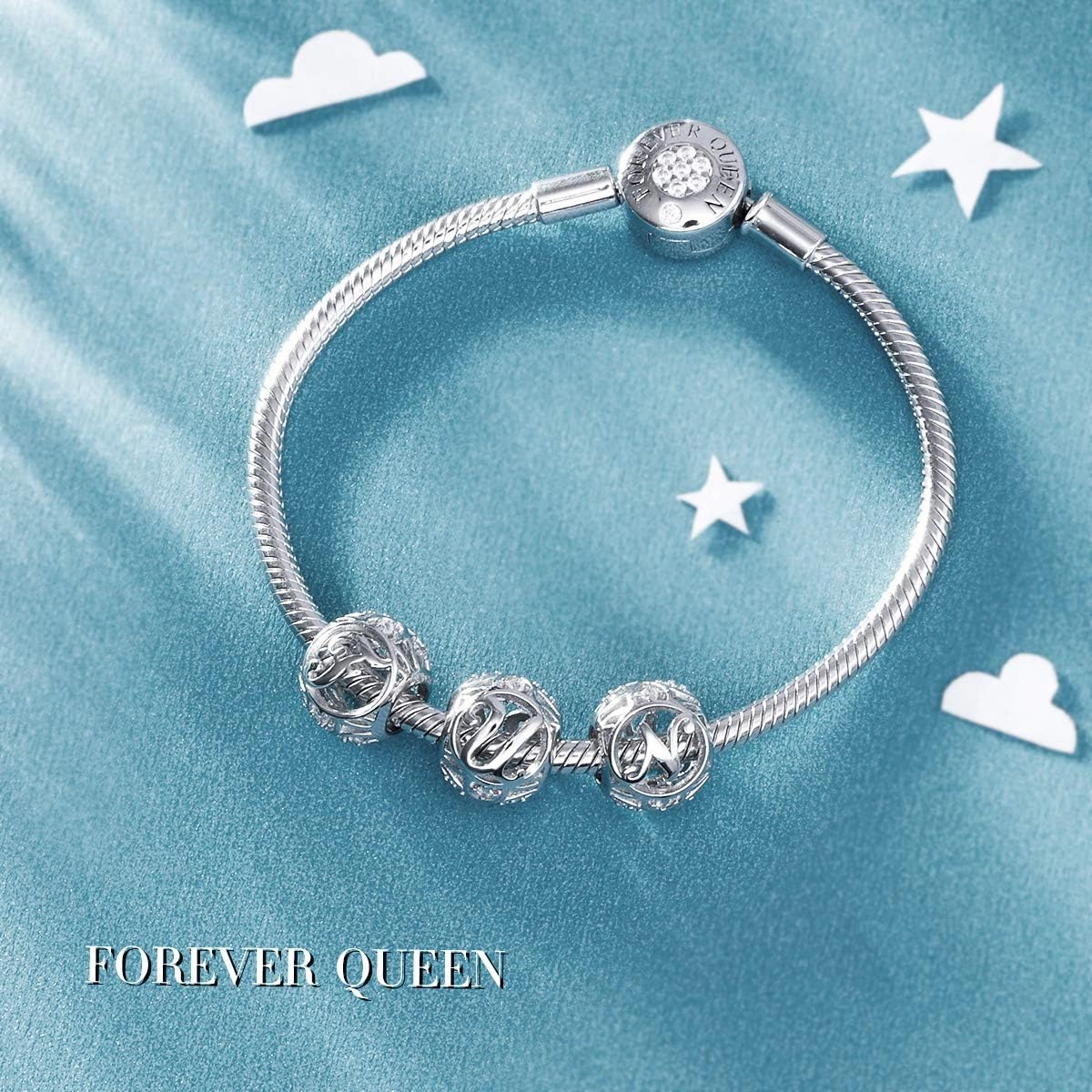 FOREVER QUEEN Letter Initial A-Z Alphabet Charm Dangle for Bracelet Necklace - 925 Sterling Silver CZ Beads Personalized Gift Jewelry