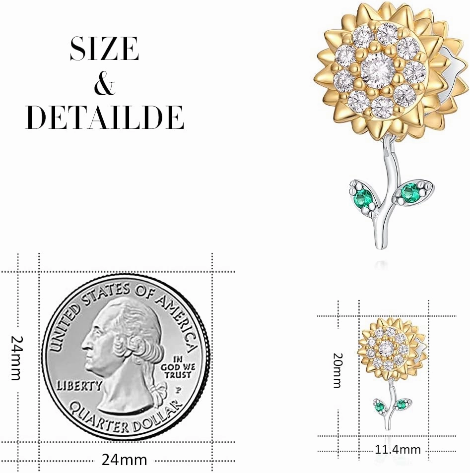 FOREVER QUEEN Rose Flower Charm I love you Pansy Flower Sunflower Dangle Charms Cubic Zircon 925 Sterling Silver 3D Rose Gold Pendant Charms for Bracelet Necklace for Women Girls