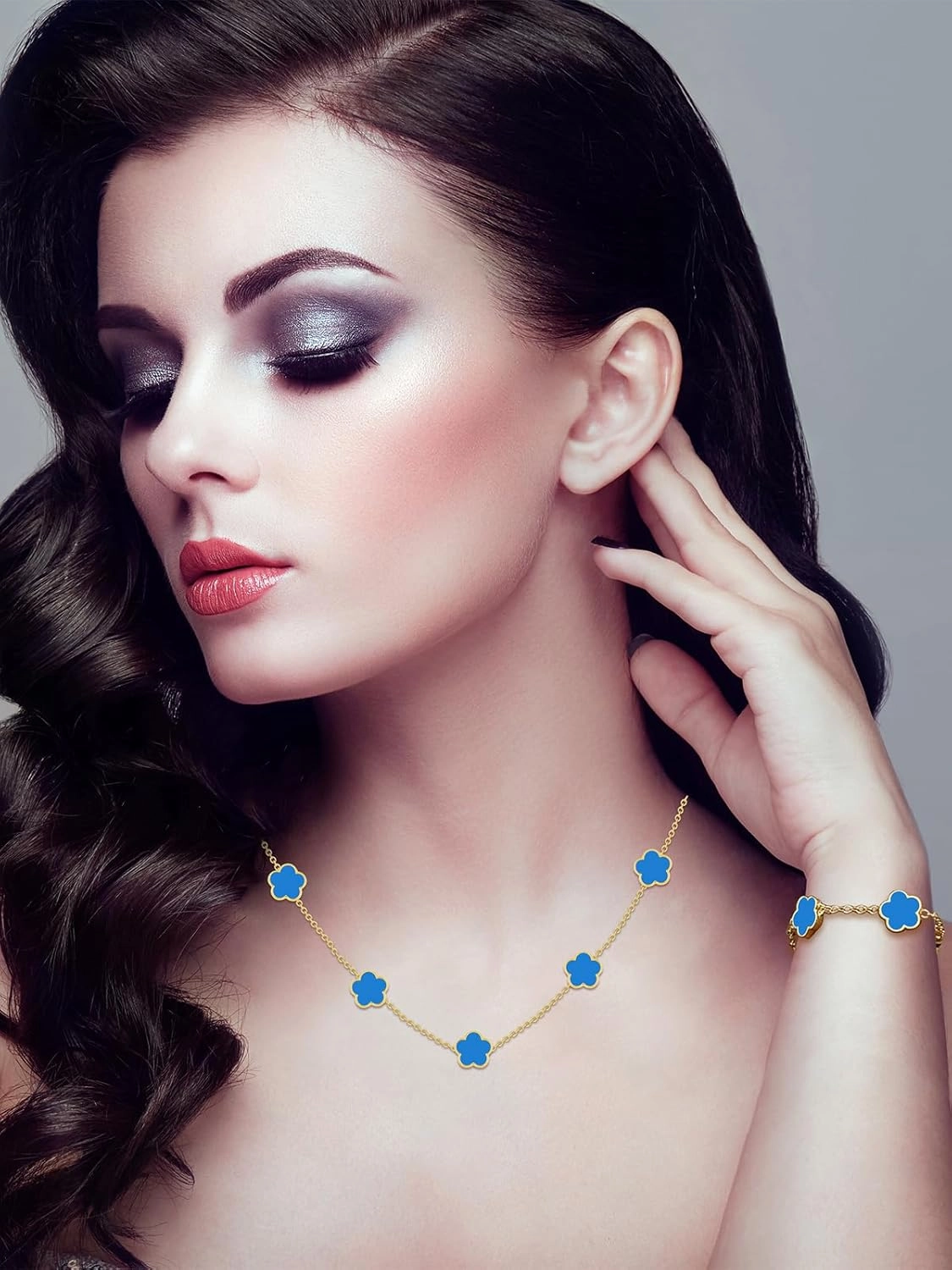 Four Leaf Clover Necklace and Bracelet Set for Women Lucky Flower 14K Gold Plated Jewelry