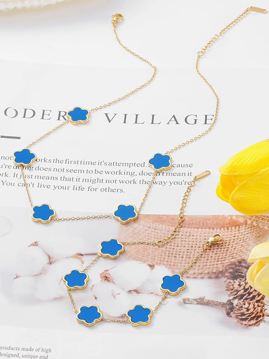 Four Leaf Clover Necklace and Bracelet Set for Women Lucky Flower 14K Gold Plated Jewelry