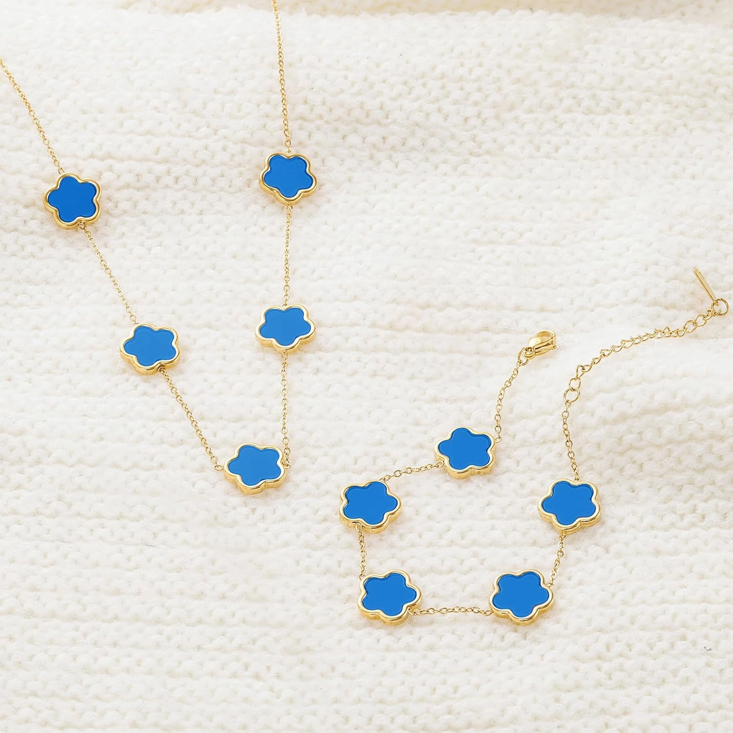 Four Leaf Clover Necklace and Bracelet Set for Women Lucky Flower 14K Gold Plated Jewelry