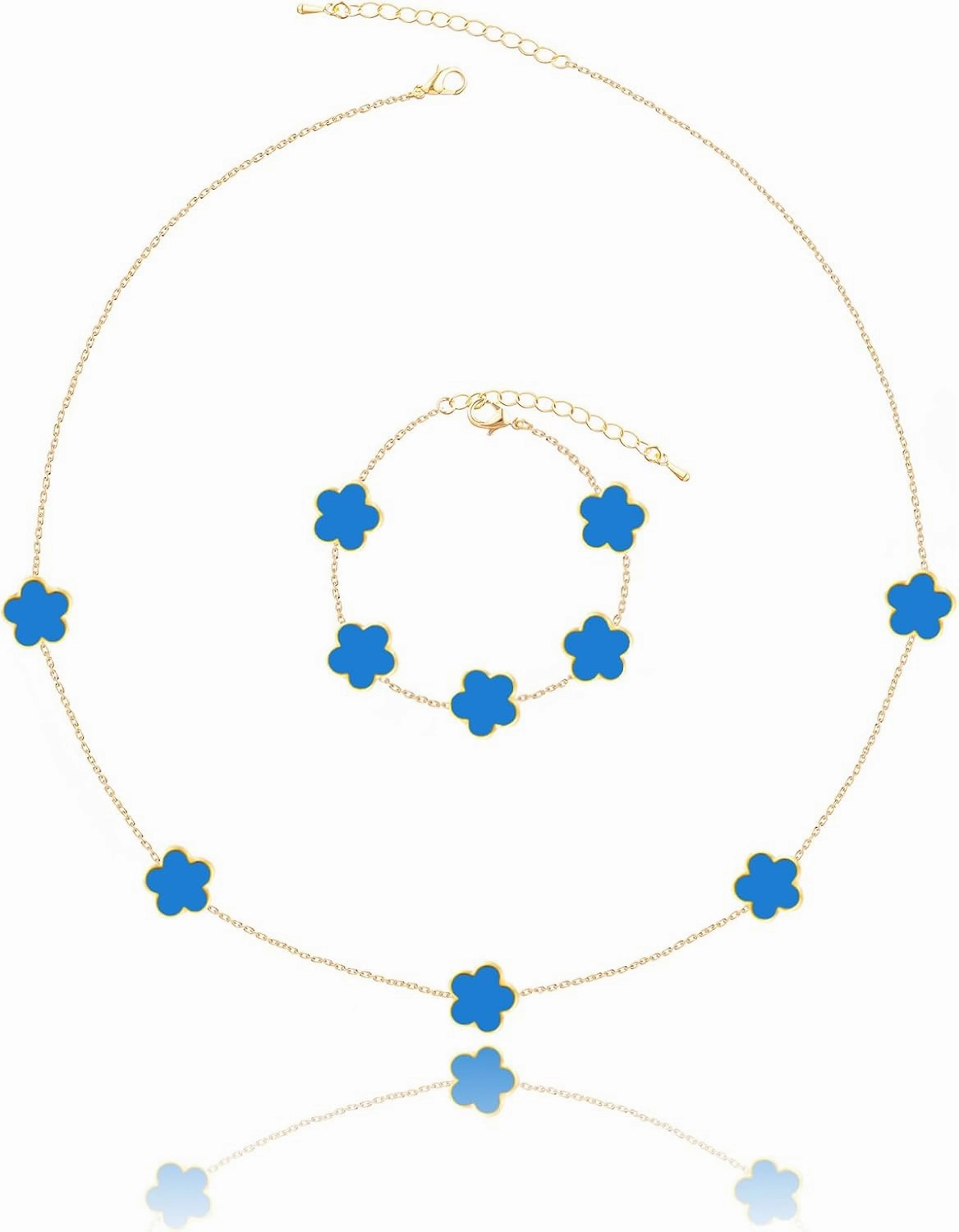Four Leaf Clover Necklace and Bracelet Set for Women Lucky Flower 14K Gold Plated Jewelry