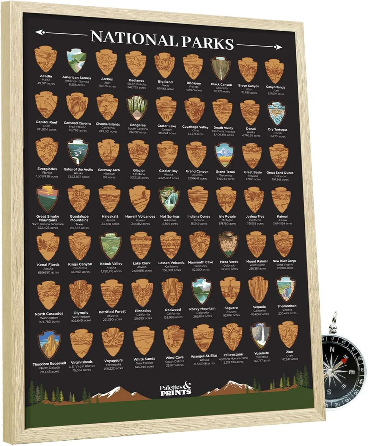 Framed US National Parks Scratch Off Poster - National Park Gifts - National Park Posters - National Parks Scratch Off Travel Map - National Park Decor- National Park Wall Art (12”x16" Framed)