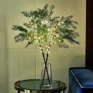 Fudios Lighted Branches with Cypress Leaves Red Berry Timer Battery Operated USB Plug in,Christmas Pine Branch Lights 60LED for Home Mantle Decor