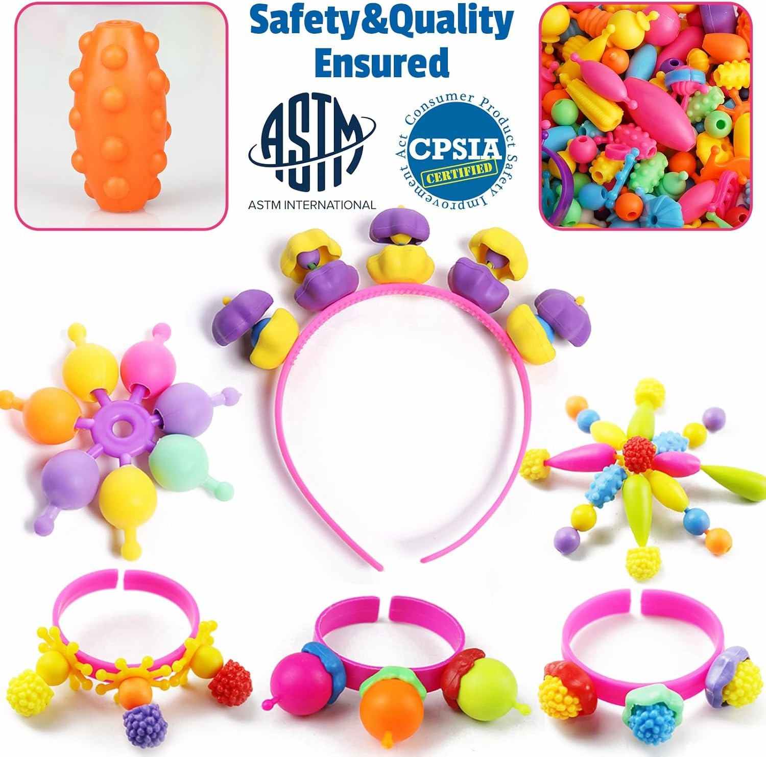 FUNZBO 520  Snap Pop Beads - Beads for Jewelry Making Kit, Arts and Crafts for Kids Ages 4-8, Toys for Girls Age 3 4 5 6 7 Years Old Birthday Gifts, Bracelet Necklace Ring Snap Set for Little Girls