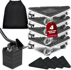 Furniture Movers with 3 Wheels & Lifter Set - 360° Rotation, Supports 2650 lbs - Includes 4 Dollies, Pry Bar, Non-Slip Pads, & Storage Bag