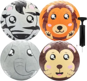 GagaBall 5 Inch Playground Balls with Air Pump (4 pk, Animals) - Durable Rubber Balls Official Size for Dodgeball & Handball - Great for Outside Play, 4 Square & Game to Play at Kids Birthday Parties