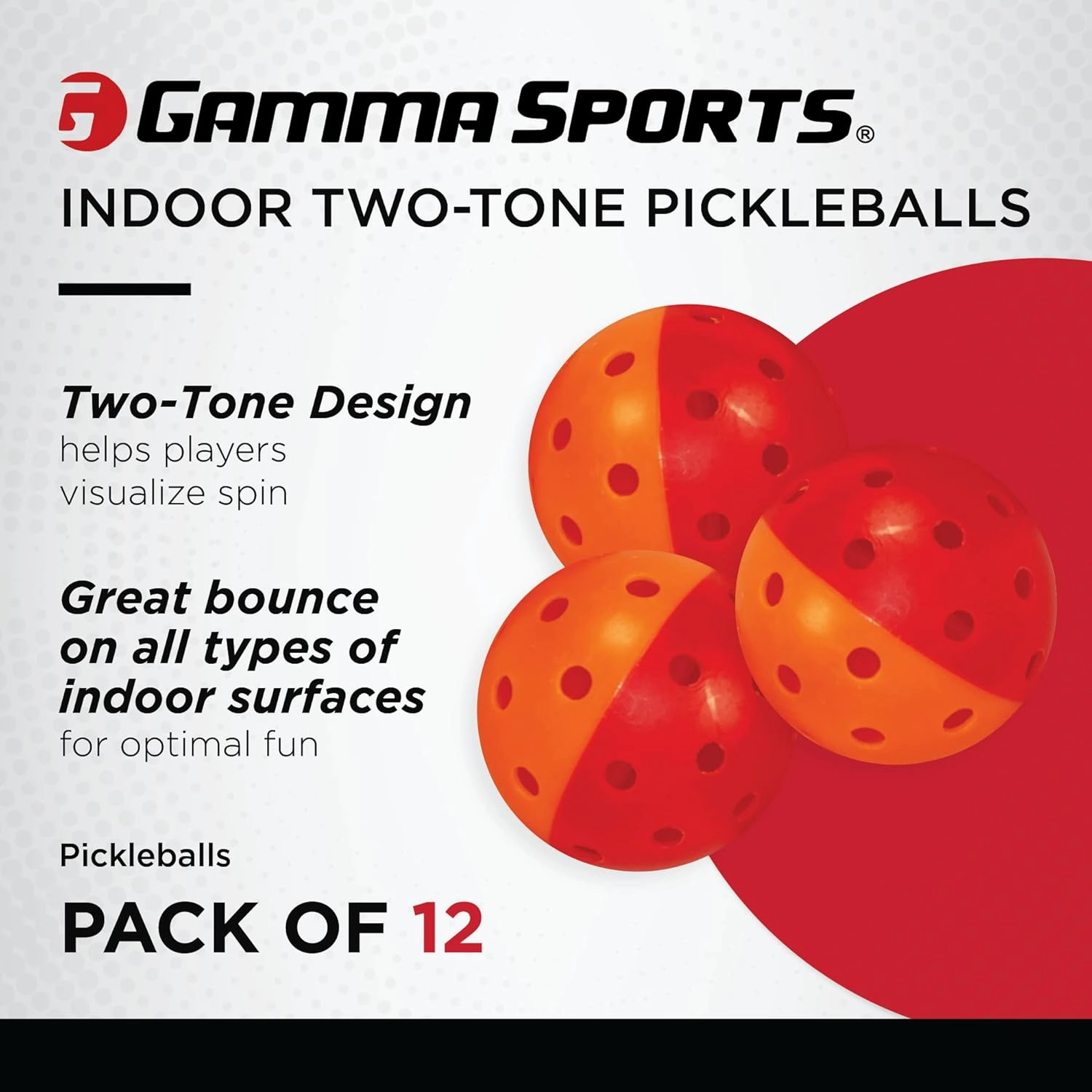 GAMMA Two-Tone Outdoor Training Pickleballs, Red/Orange, Yellow/Red, Green/Purple, Practice, High Visibility, Consistent Bounce, Durable, Spin, Tournament Training, 3 Pack, 6 Pack,12 Pack