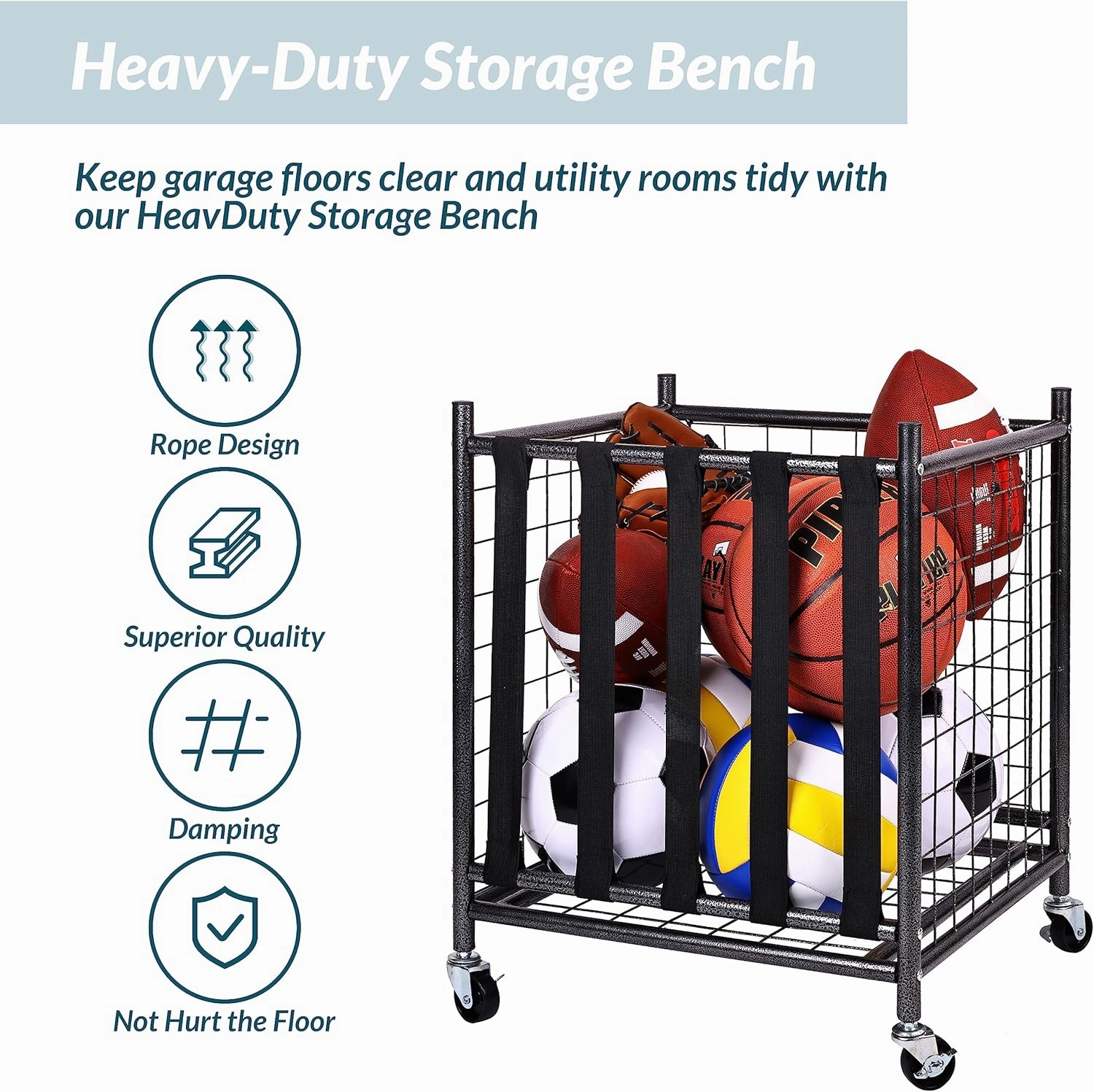 Garage Sports Equipment Organizer, Garage Ball Storage, Sports Gear Storage, Garage Organizer with Baskets and Hooks, Rolling Sports Ball Storage Cart, Black, Steel, Multiple Styles