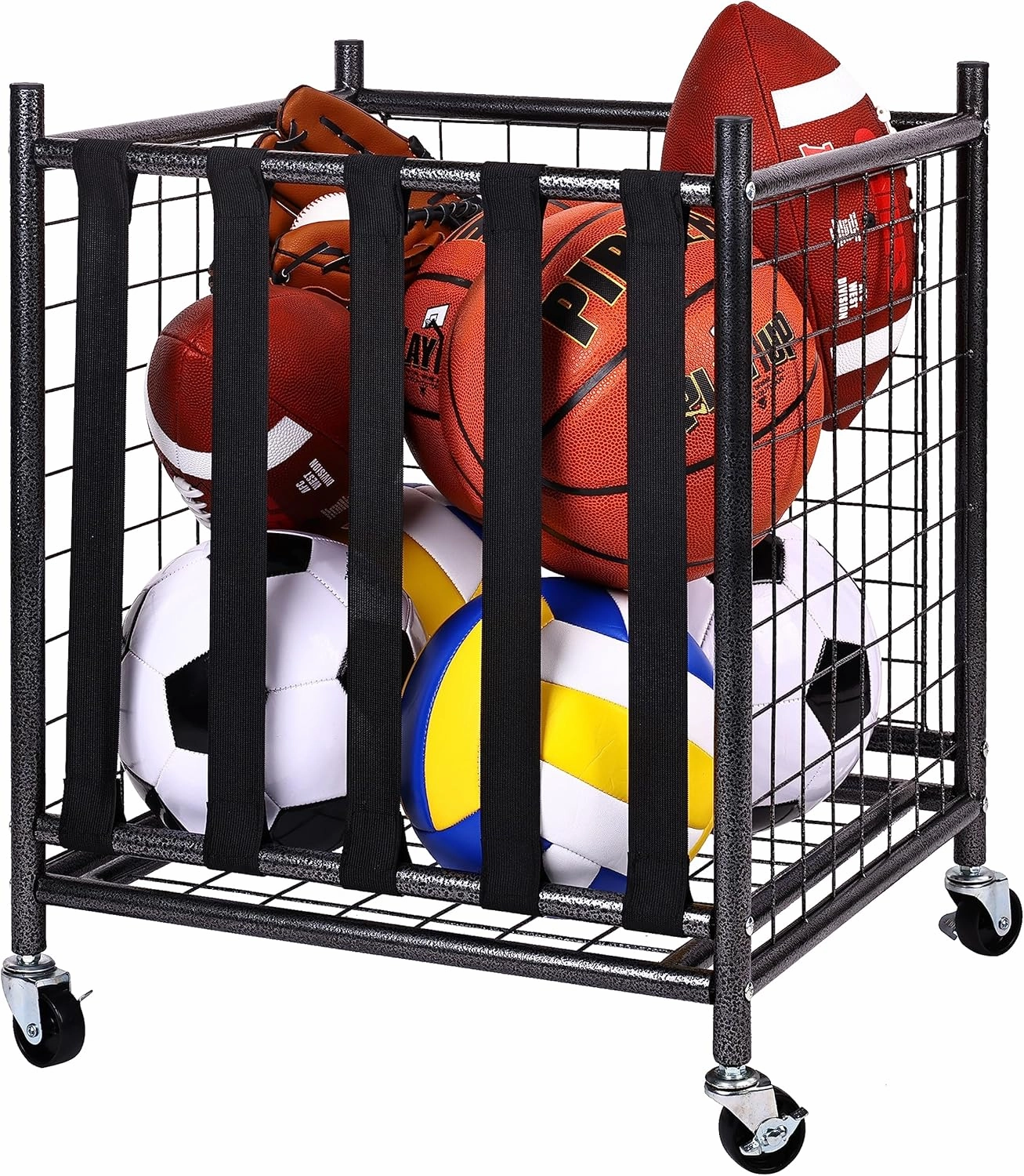 Garage Sports Equipment Organizer, Garage Ball Storage, Sports Gear Storage, Garage Organizer with Baskets and Hooks, Rolling Sports Ball Storage Cart, Black, Steel, Multiple Styles