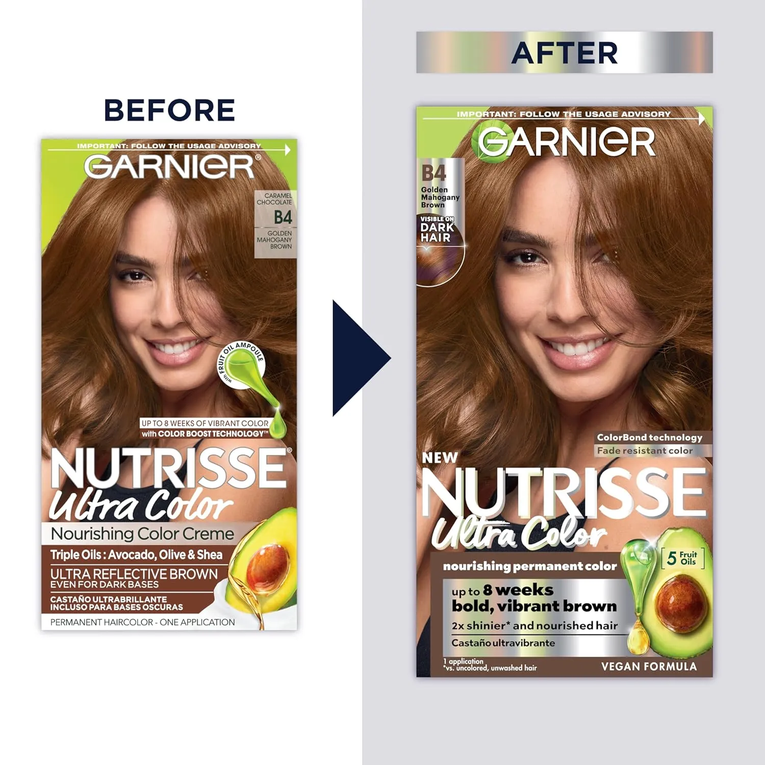 Garnier Hair Color Nutrisse Ultra Color Nourishing Creme, B4 Golden Mahogany Brown (Caramel Chocolate) Permanent Hair Dye, 2 Count (Packaging May Vary)