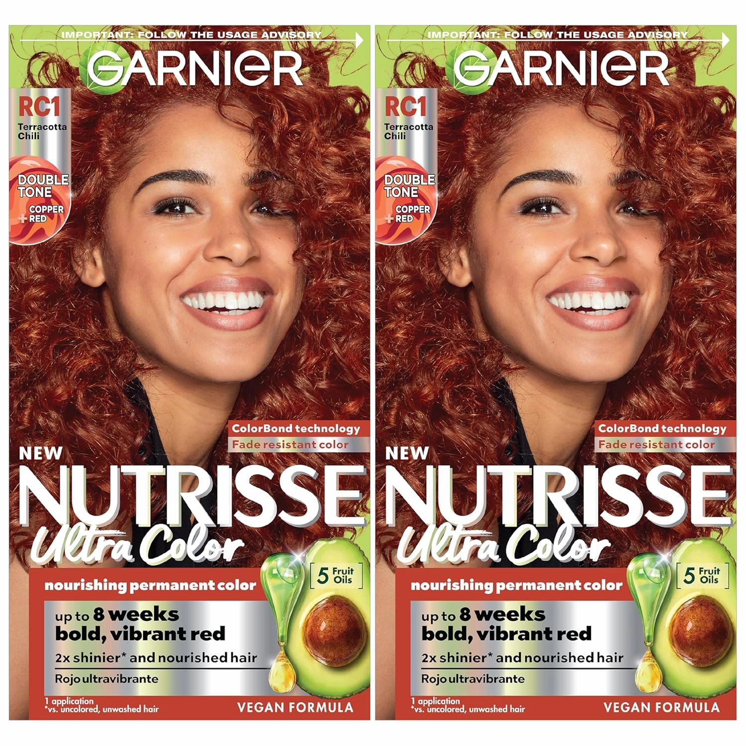 Garnier Hair Color Nutrisse Ultra Color Nourishing Creme, RC1 Medium Intense Copper Red (Terracotta Chili) Permanent Hair Dye, 2 Count (Packaging May Vary)