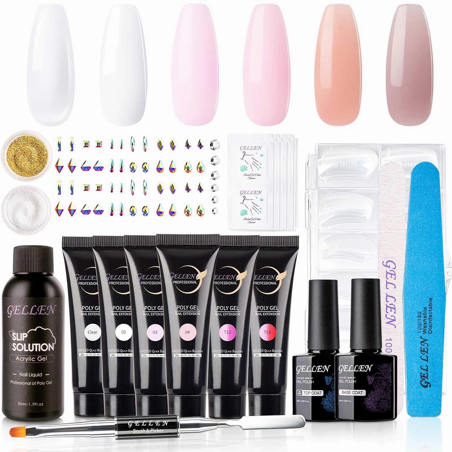 Gellen Poly Nail Gel Kit - Nail Builder Gel Nail Extension Starter Kit, Sheer White Pinks Nude Classic Colors - with Slip Solution Nail Art Decorations All-In-One Enhancement Kit