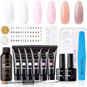 Gellen Poly Nail Gel Kit - Nail Builder Gel Nail Extension Starter Kit, Sheer White Pinks Nude Classic Colors - with Slip Solution Nail Art Decorations All-In-One Enhancement Kit