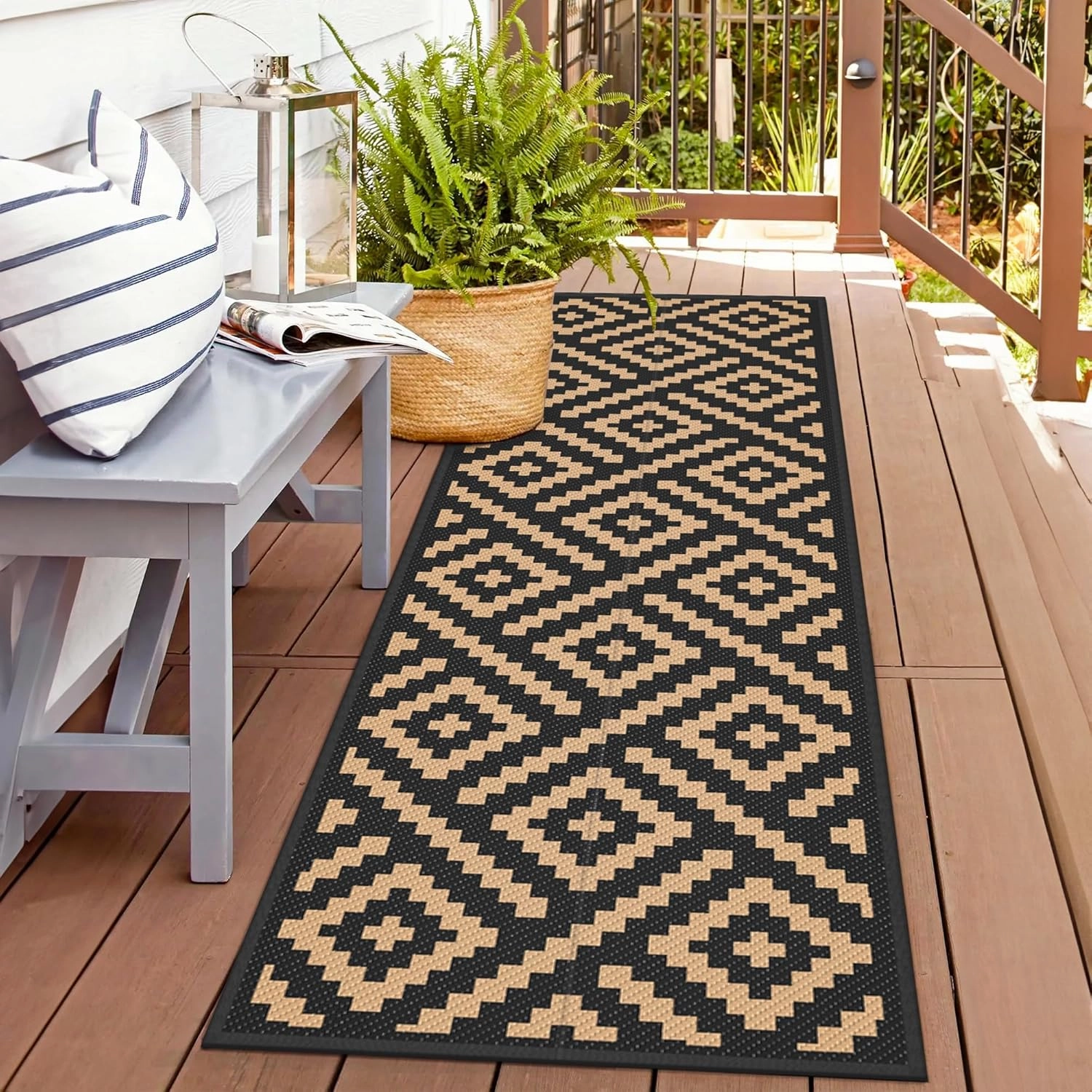 GENIMO Outdoor Rug 2.5'x8' Waterproof, Reversible Camping Mat, Plastic Straw Rugs for Patio, RV, Camper, Balcony, Backyard, Picnic, Deck (Black & Brown)