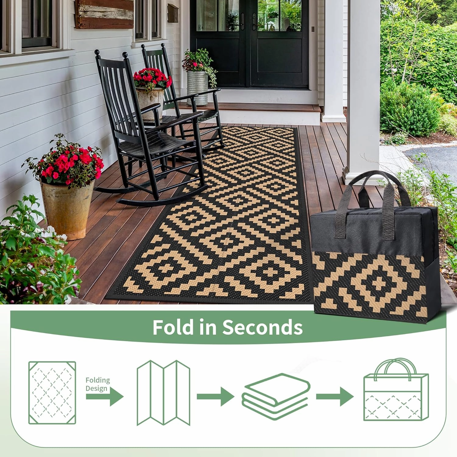 GENIMO Outdoor Rug 2.5'x8' Waterproof, Reversible Camping Mat, Plastic Straw Rugs for Patio, RV, Camper, Balcony, Backyard, Picnic, Deck (Black & Brown)