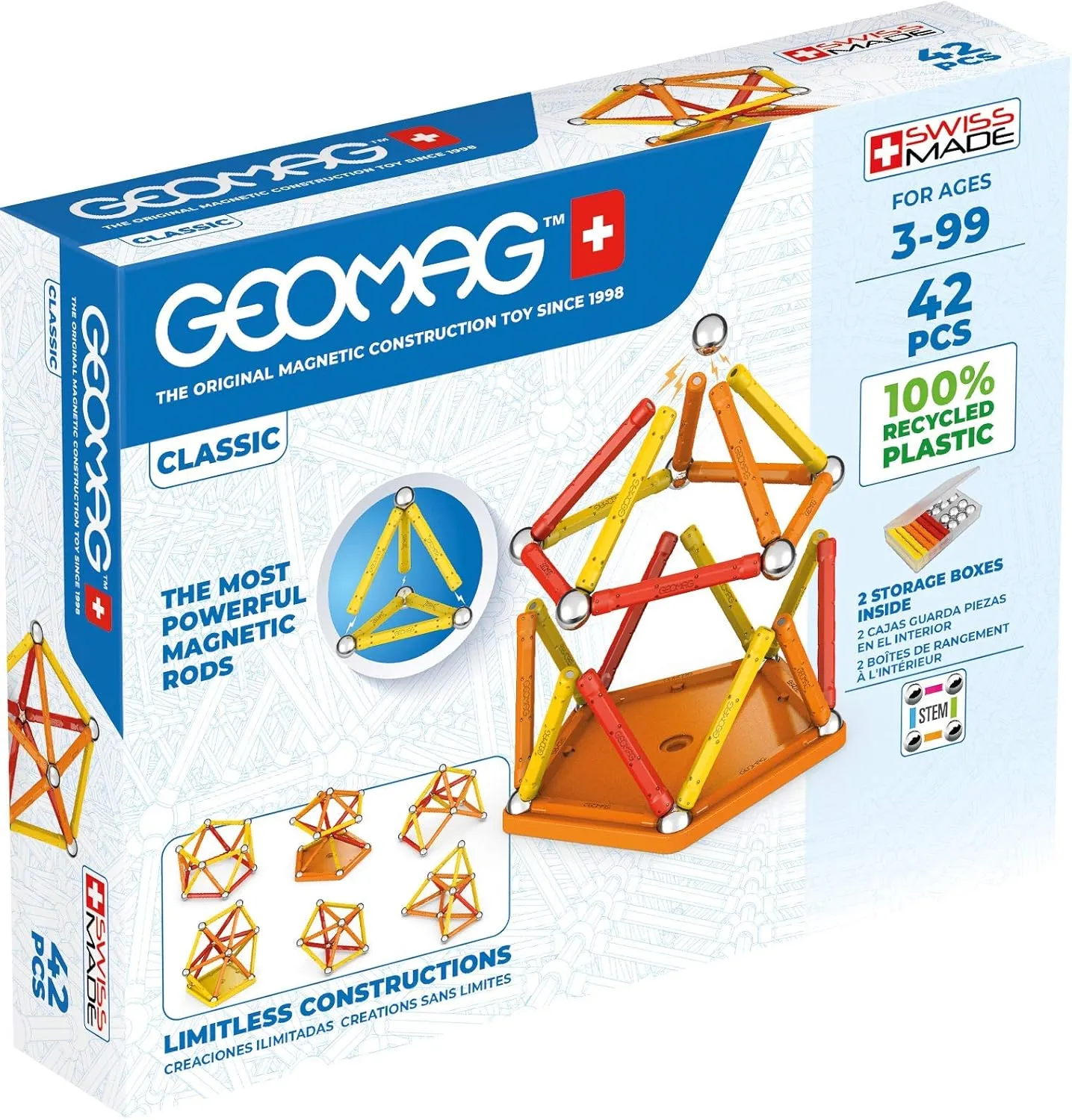 Geomag Magnetic Toys Classics 42-Piece Building Set for Kids Ages 3-99 | Swiss-Made STEM & STEAM Authenticated Educational Toy Made from 100% Recycled Plastic | Creative Learning Play