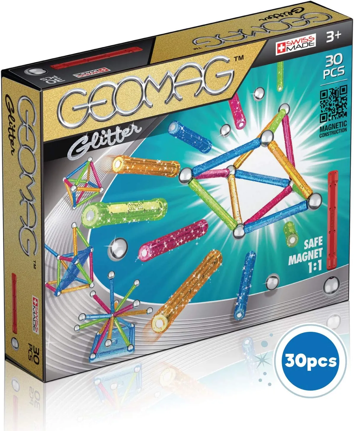 GEOMAG Magnetic Toys, Magnets for Kids, STEM-endorsed Educational Building Set for Creativity & Learning Fun, Swiss-made, Age 3  GLITTER 30-piece