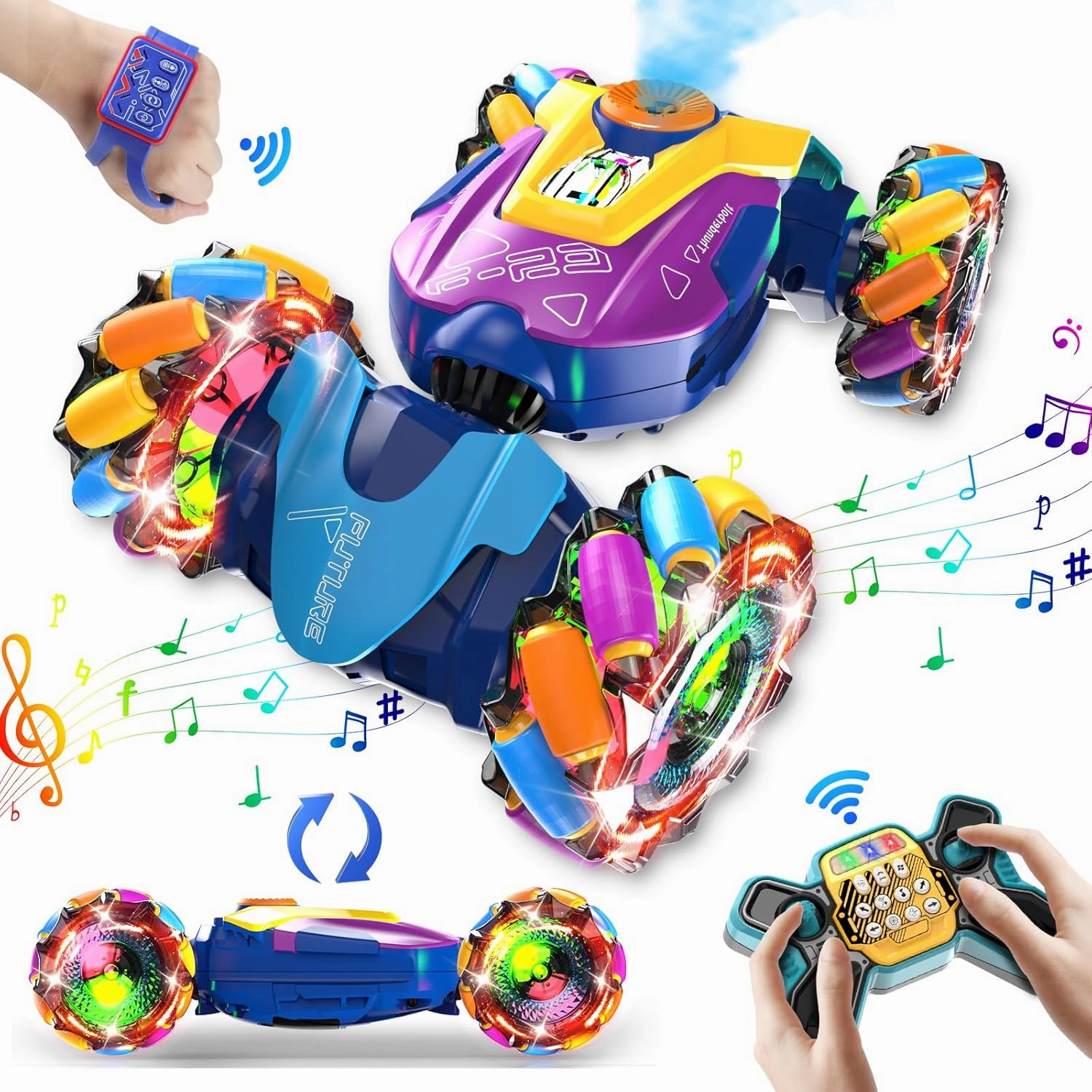 Gesture Sensing Remote Control Stunt Car Toys for 6-12 yr Boys Girls, 360° Rotating 4WD RC Transform Cars 2.4Ghz Drift Hand Controlled Twist Cars, Best Birthday for Kids 8-12 (Rainbow)