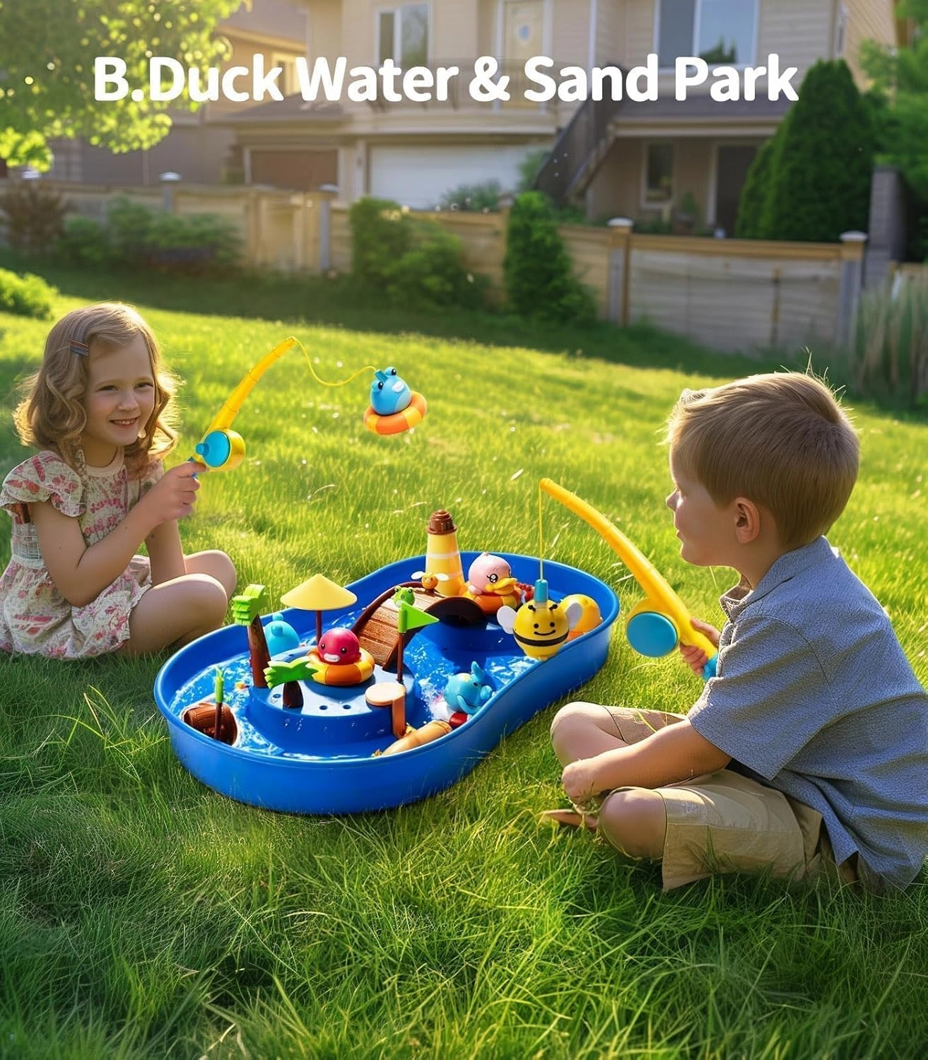 Geyiie Big Magnetic Fishing Pond with Magic Sand & Water Play - Summer Toy for Toddlers and Babies, 20.5 x 12.6 x 2.4 Inches