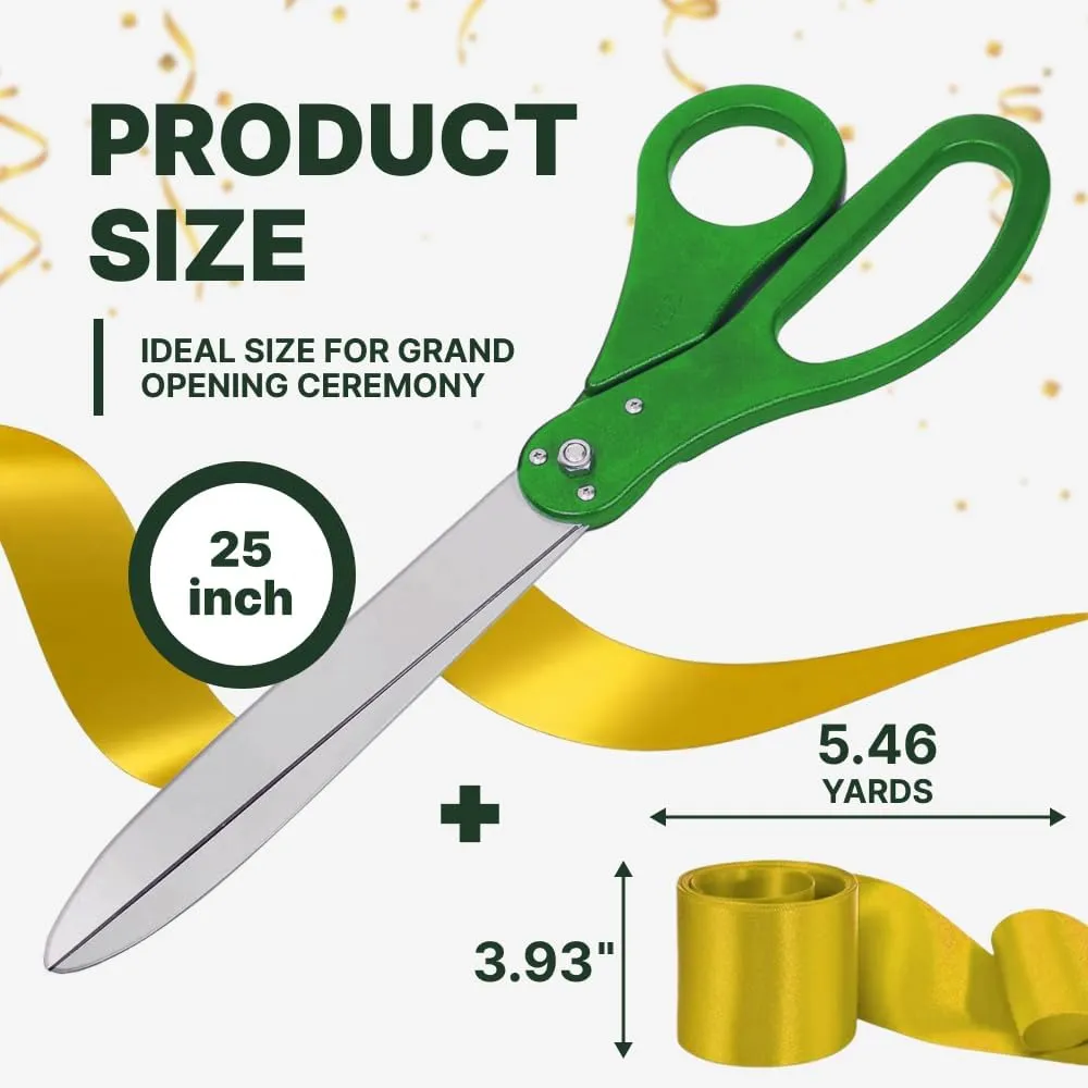 Giant Ribbon Cutting Ceremony Kit - Green 25 Inch big Ribbon Сutting and Gold Satin Ribbon for Business Openings Inaugurations and Special Events