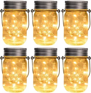 GIGALUMI Hanging Mason Jar Solar Lights, 6 Pack 30 Led Hanging Solar Lanterns Outdoor Waterproof, Hangers and Jars Included, Outdoor Decor for Balcony, Garden, Patio, Yard, Wedding