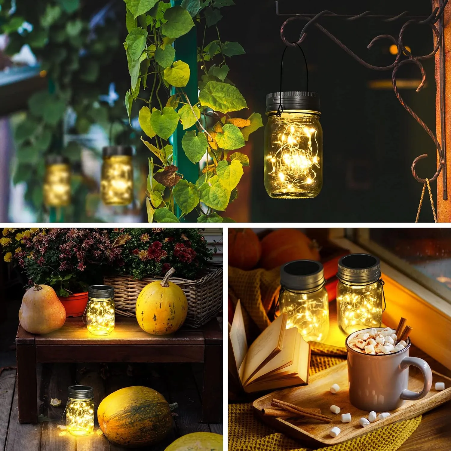 GIGALUMI Hanging Mason Jar Solar Lights, 6 Pack 30 Led Hanging Solar Lanterns Outdoor Waterproof, Hangers and Jars Included, Outdoor Decor for Balcony, Garden, Patio, Yard, Wedding