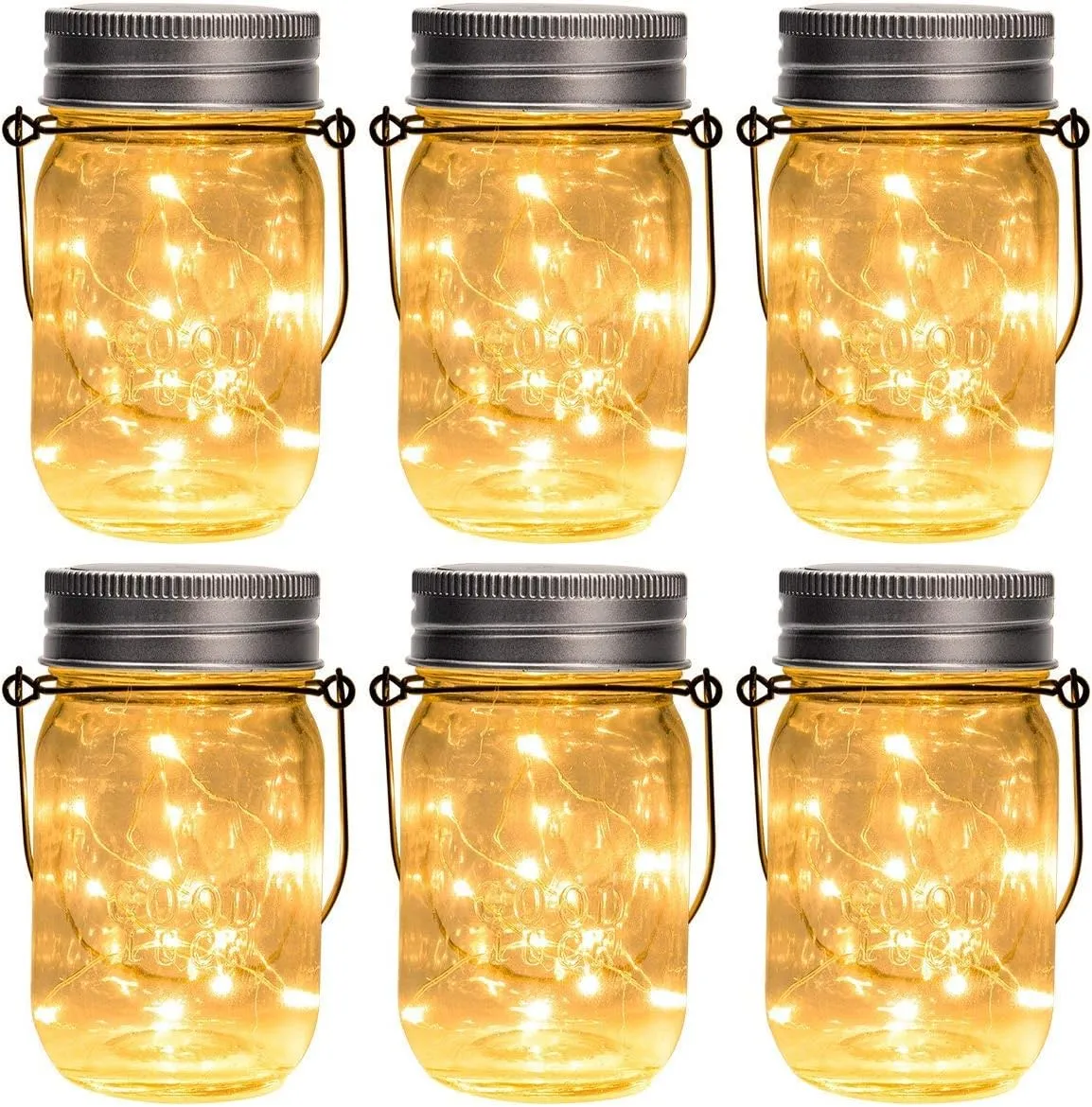 GIGALUMI Hanging Mason Jar Solar Lights, 6 Pack 30 Led Hanging Solar Lanterns Outdoor Waterproof, Hangers and Jars Included, Outdoor Decor for Balcony, Garden, Patio, Yard, Wedding