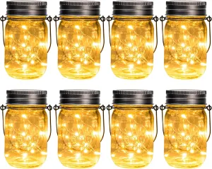 GIGALUMI Solar Mason Jar Lights, 8 Pack 30 Led String Fairy Lights Garden Lights Outdoor Waterproof Hanging Solar Lanterns for Outdoor, Garden, Patio, Lawn, Balcony Decoration