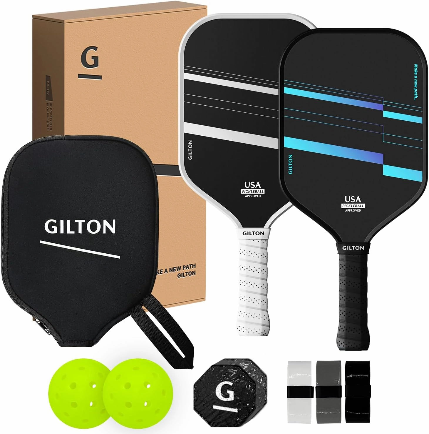 GILTON Pickleball Paddle Set of 2 - T700 Raw Carbon Fiber Surface - USAPA Approved Pickleball Rackets - 16mm Honeycomb Core - 2 Paddles,2 Balls,3 Overgrips,1 Eraser Block,Paddle Cover - Lightweight