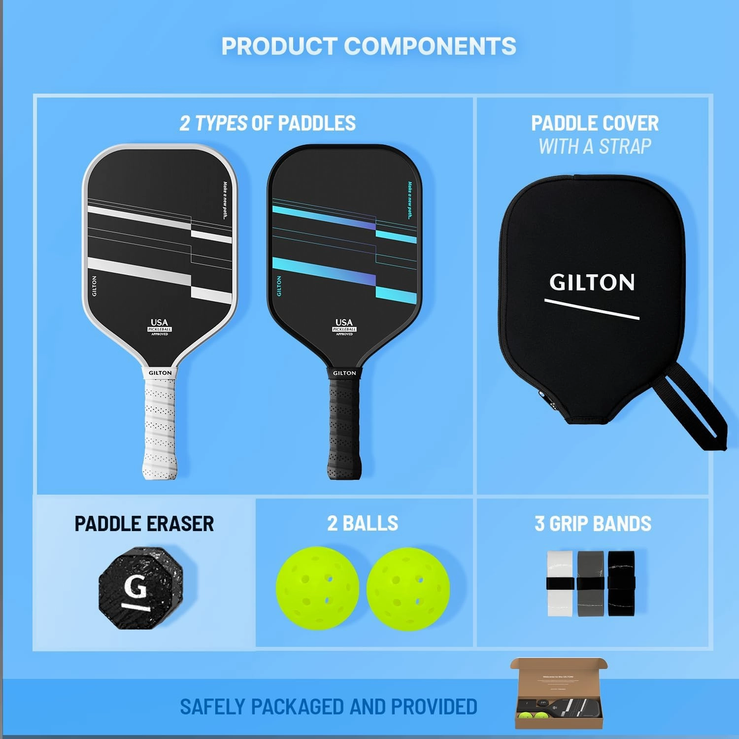 GILTON Pickleball Paddle Set of 2 - T700 Raw Carbon Fiber Surface - USAPA Approved Pickleball Rackets - 16mm Honeycomb Core - 2 Paddles,2 Balls,3 Overgrips,1 Eraser Block,Paddle Cover - Lightweight