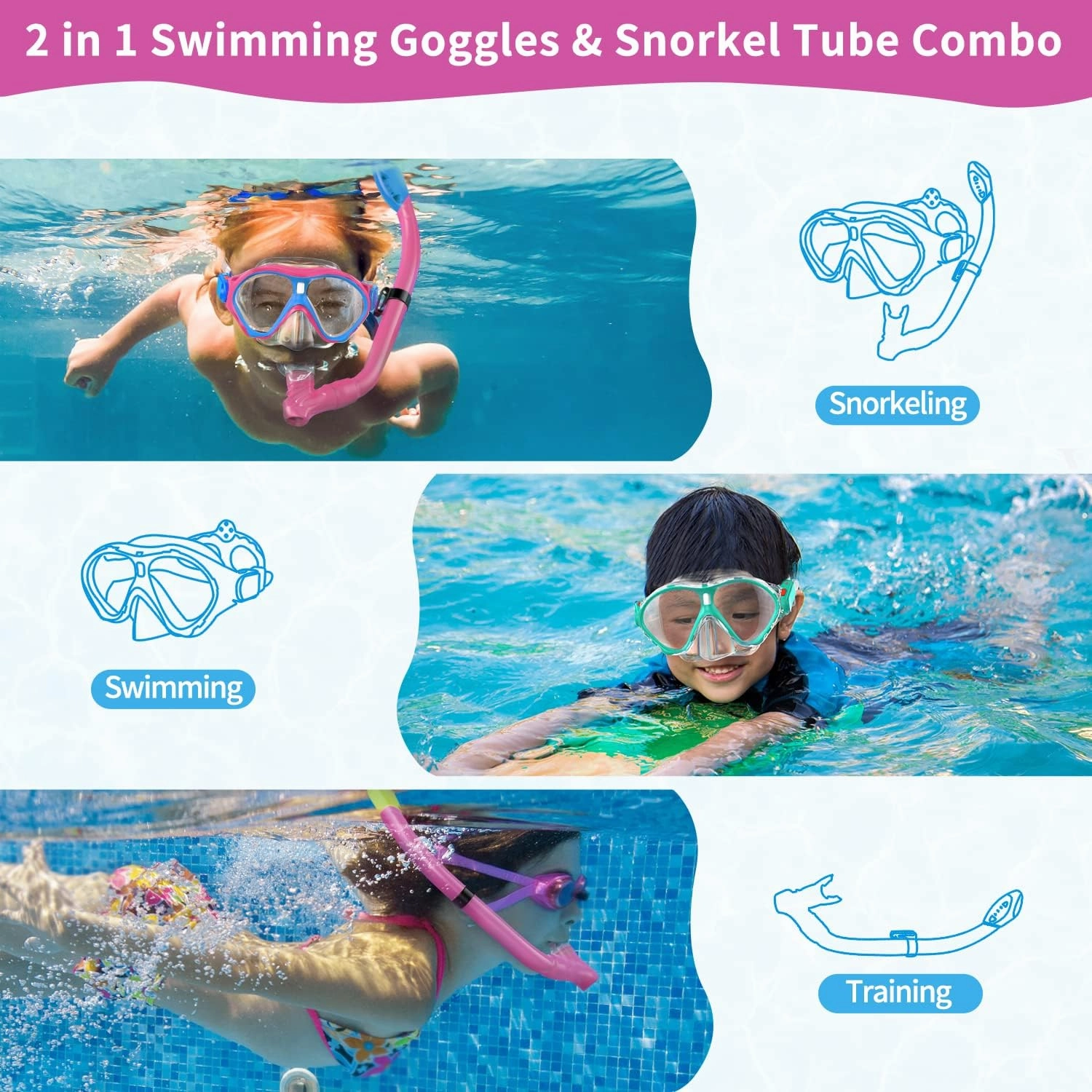 Gintenco Kids Snorkel Set, Diving Mask for Children as Unisex Kids Swimming Goggles, Anti-Fog Diving Mask and Dry Top Snorkel Combo Set for Junior and Youth
