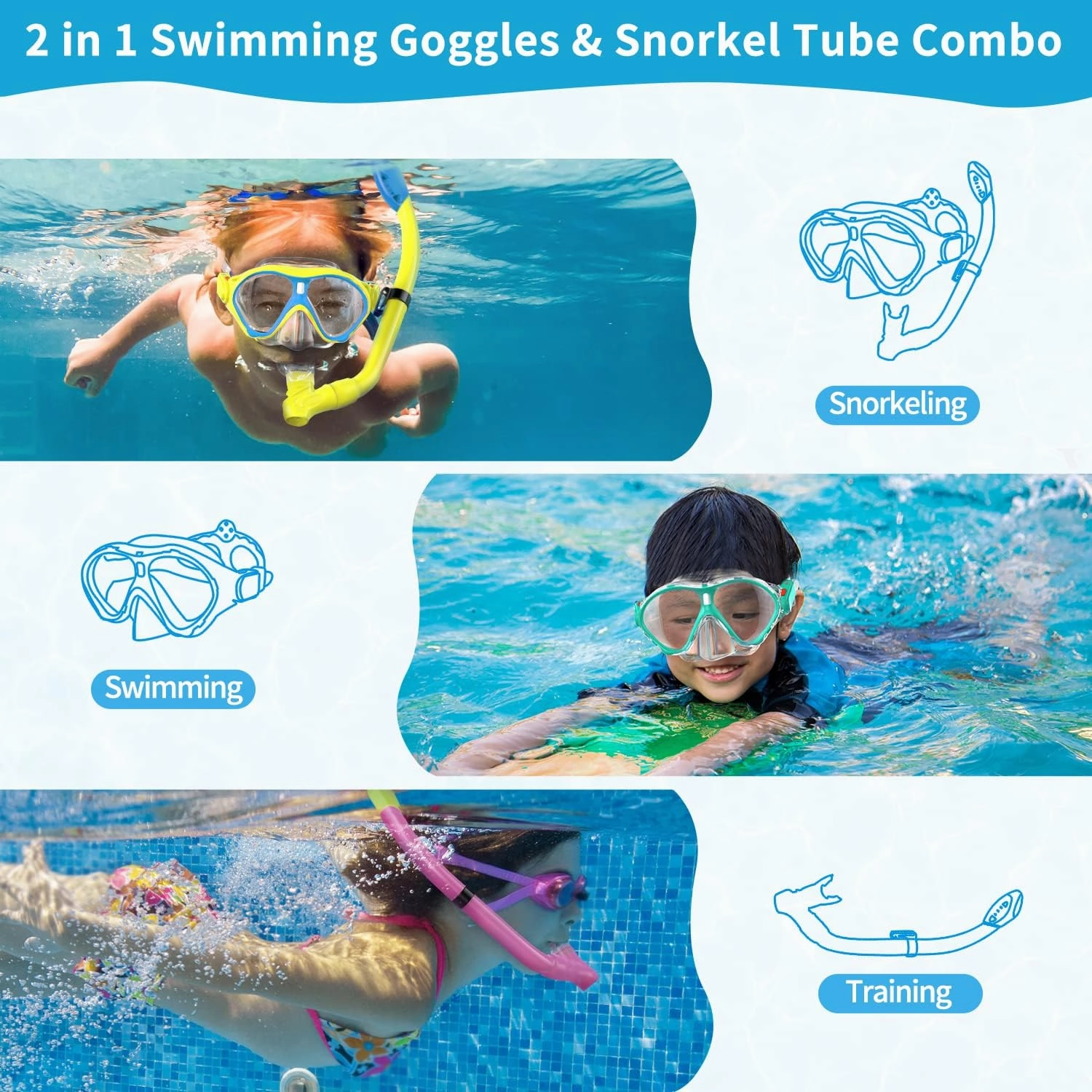 Gintenco Kids Snorkel Set, Diving Mask for Children as Unisex Kids Swimming Goggles, Anti-Fog Diving Mask and Dry Top Snorkel Combo Set for Junior and Youth