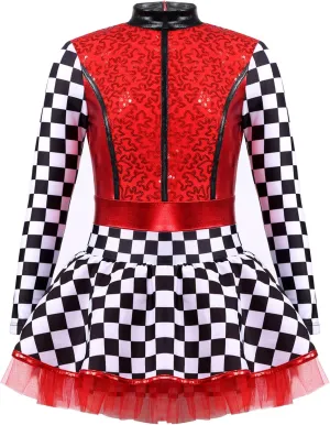 Girls Racing Driver Costume Kids Cosplay Race Car Driver Outfit Shiny Sequins Jumpsuit Halloween Fancy Dress