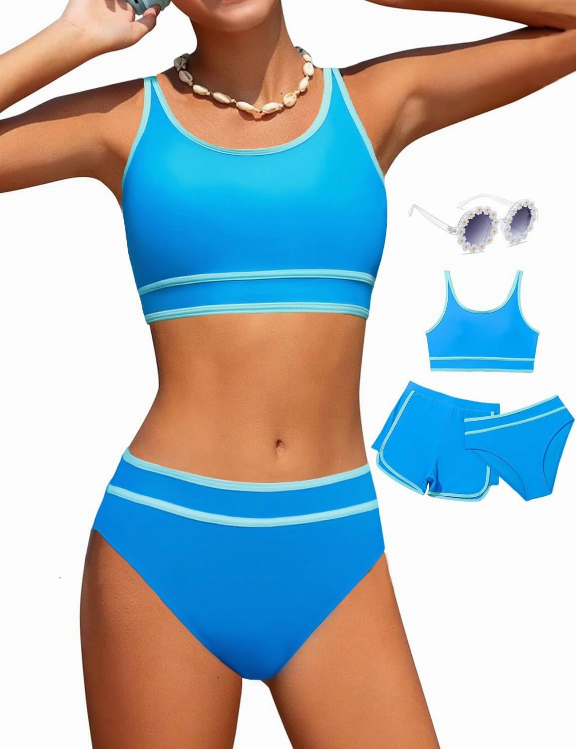 Girls Swimsuits 3 Piece Bathing Suit Bikini Set with Sporty Shorts and Sunglasses Beach Swimwear for Girl 8-15 Years