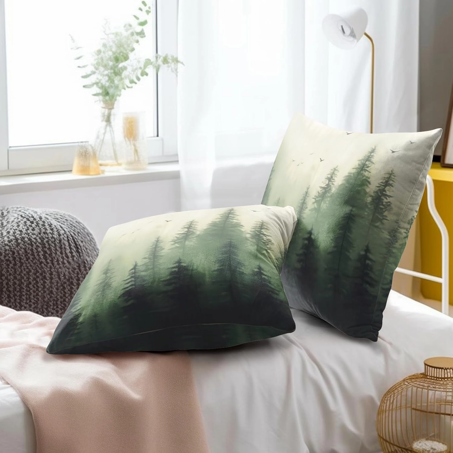 Giwawa Green Misty Forest Throw Pillow Covers 18x18 Inch Set of 2 Mountain Woodland Pillowcase Square Cushion Cover for Home Couch Sofa Bedding