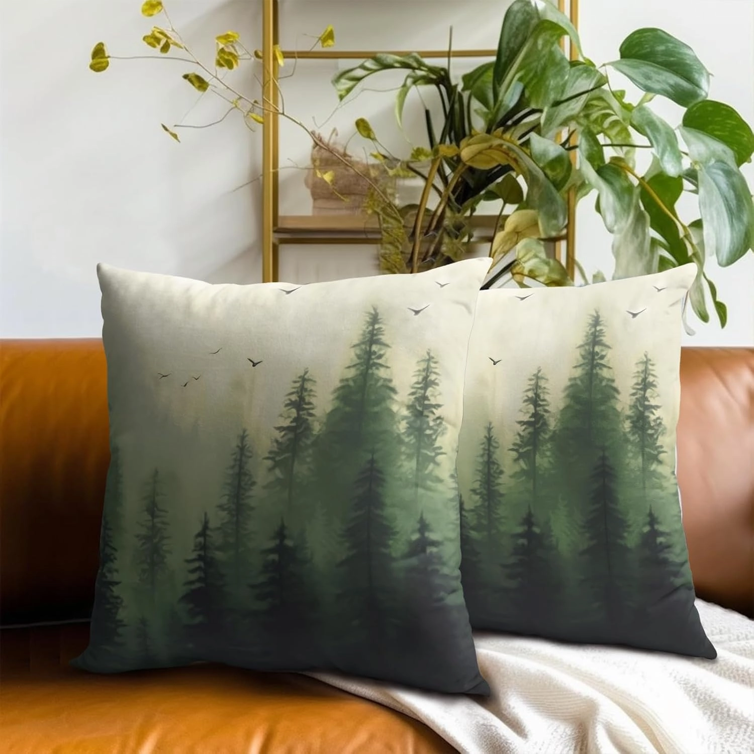Giwawa Green Misty Forest Throw Pillow Covers 18x18 Inch Set of 2 Mountain Woodland Pillowcase Square Cushion Cover for Home Couch Sofa Bedding