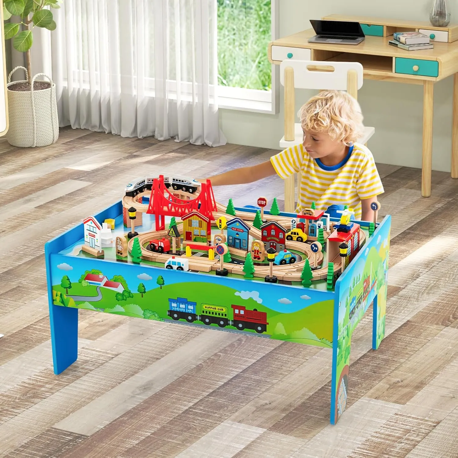 GLACER 80-Piece Train Table, Large Multipurpose Wooden Toy Activity Table Playset with Reversible Detachable Tabletop, Railway Tracks, Trains, Cars, DIY Design, Gift for Boys Girls Age 3 , Multi-Color