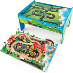 GLACER 80-Piece Train Table, Large Multipurpose Wooden Toy Activity Table Playset with Reversible Detachable Tabletop, Railway Tracks, Trains, Cars, DIY Design, Gift for Boys Girls Age 3 , Multi-Color
