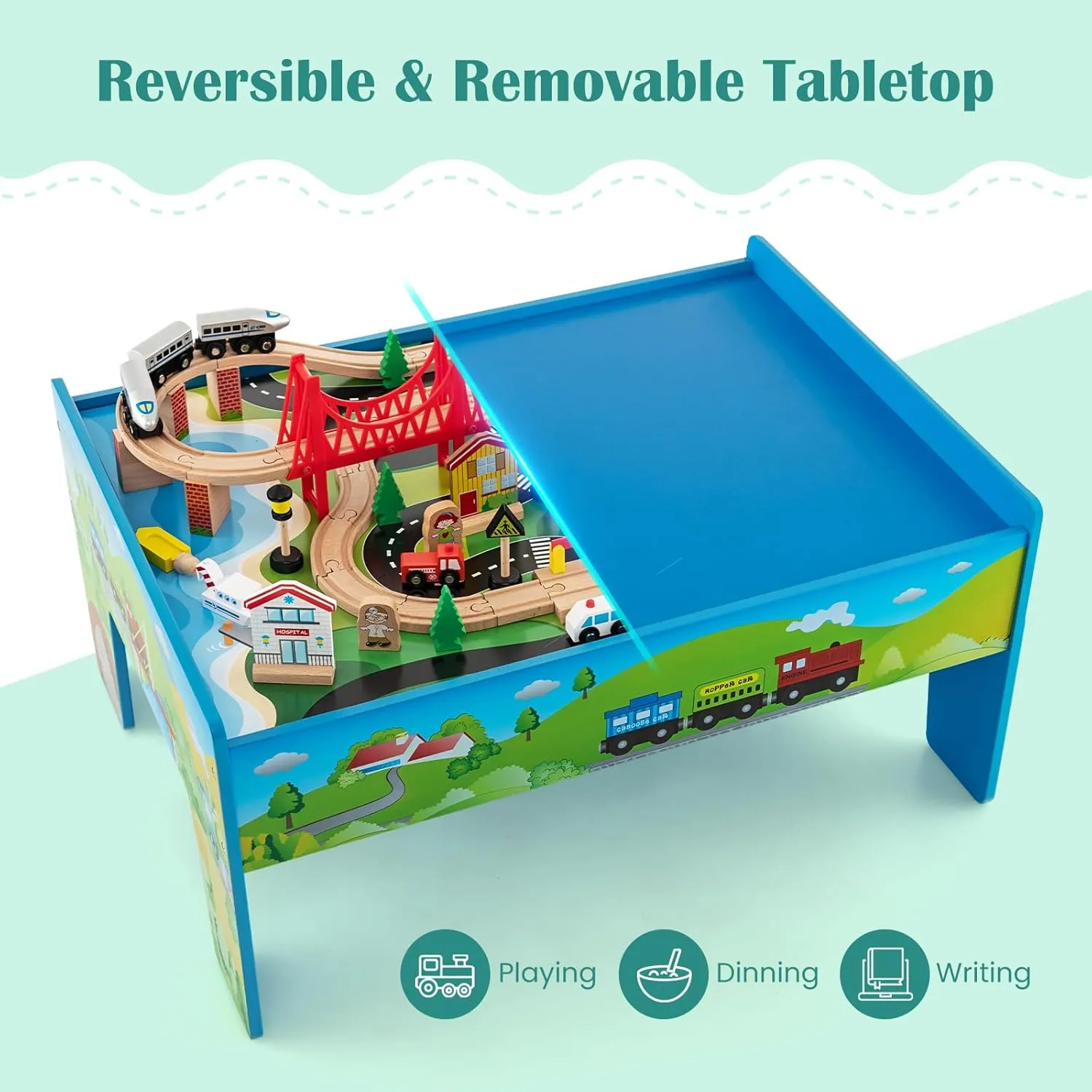 GLACER 80-Piece Train Table, Large Multipurpose Wooden Toy Activity Table Playset with Reversible Detachable Tabletop, Railway Tracks, Trains, Cars, DIY Design, Gift for Boys Girls Age 3 , Multi-Color