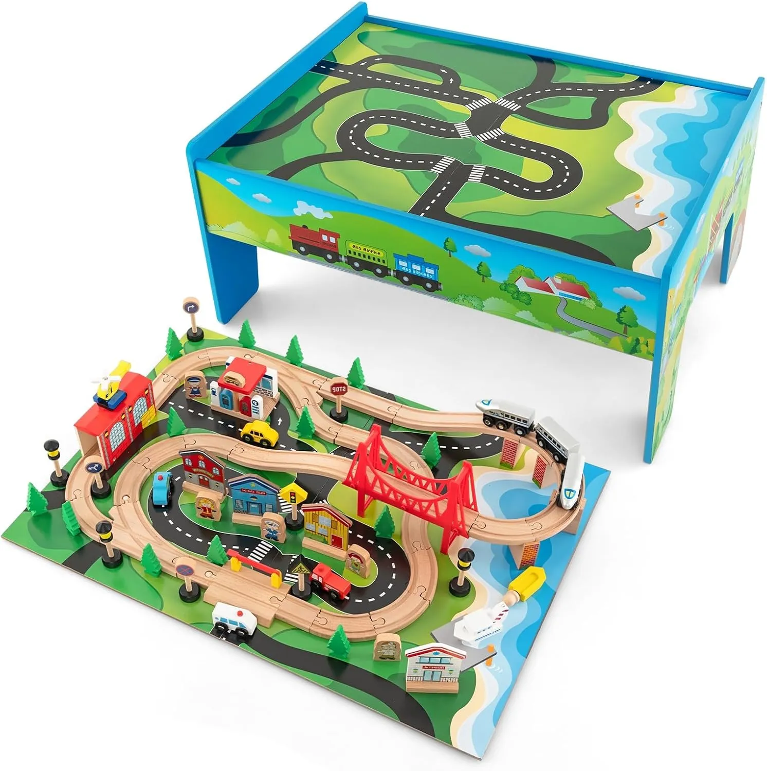 GLACER 80-Piece Train Table, Large Multipurpose Wooden Toy Activity Table Playset with Reversible Detachable Tabletop, Railway Tracks, Trains, Cars, DIY Design, Gift for Boys Girls Age 3 , Multi-Color