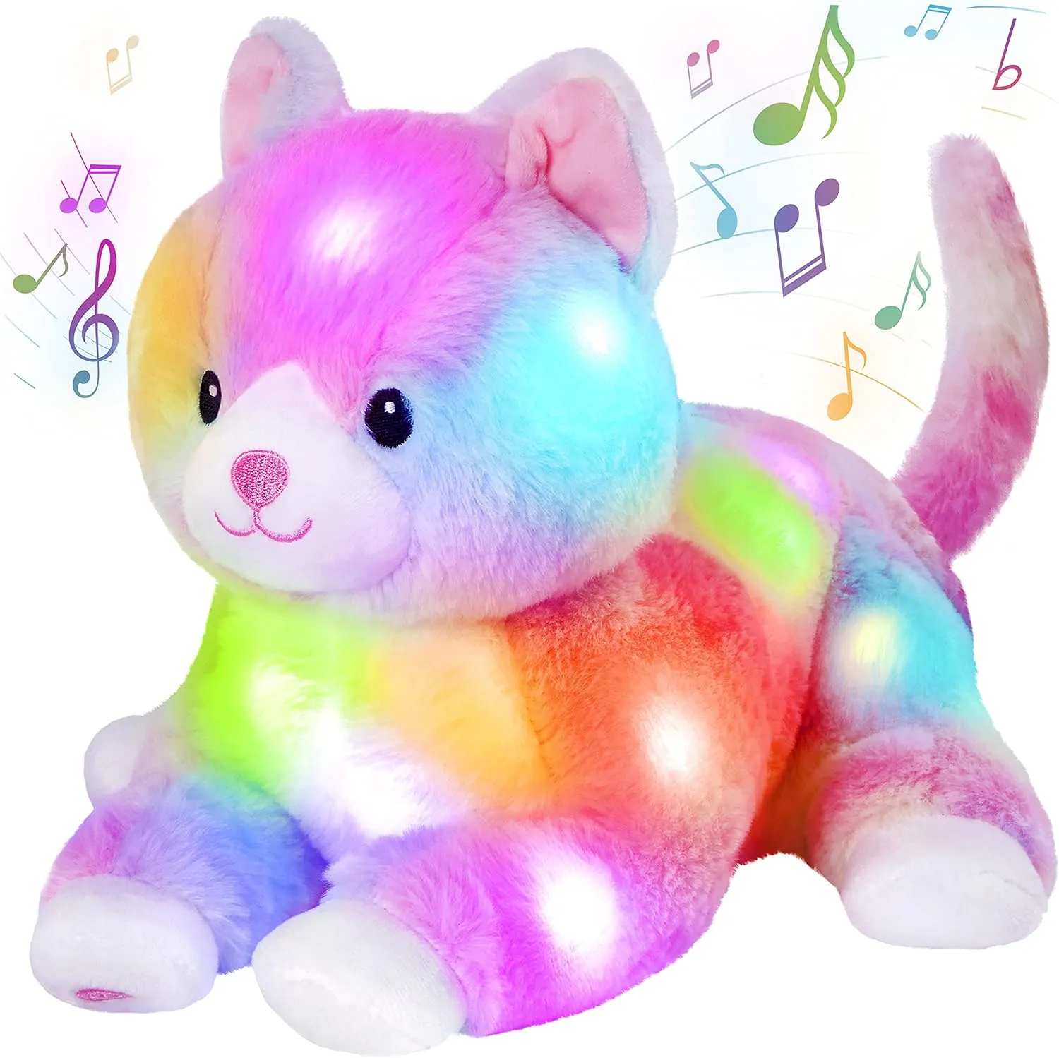 Glow Guards 13'' Musical Light up Rainbow Cat Stuffed Animal,Rainbow Kitty Soft Stuffed Animal,Singing Glowing Cat Plush Toy Bed Night Light Birthday Gift for Toddler Kids